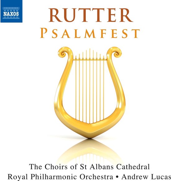 Gouden harp met de tekst 'RUTTER PSALMFEST'. Onder de harp staan 'The Choirs of St Albans Cathedral' en 'Royal Philharmonic Orchestra'.