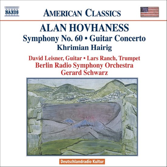 CD-hoes met Alan Hovhaness: Symfonie No. 60, Gitaarconcert, Khrimian Hairig, met schilderij van bergen, stad en meer.