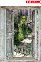 D&C Collection - tuinposter - 65x90 cm - doorkijk deuren blauwe regen potten en vlinders - tuin decoratie - tuinposters buiten - schuttingposter - tuinschilderij