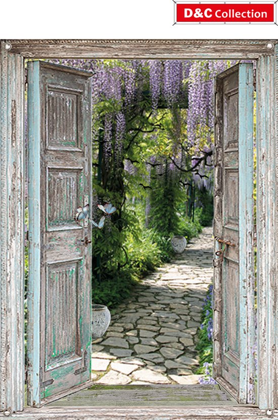 D&C Collection - tuinposter - 65x90 cm - doorkijk deuren blauwe regen potten en vlinders - tuin decoratie - tuinposters buiten - schuttingposter - tuinschilderij