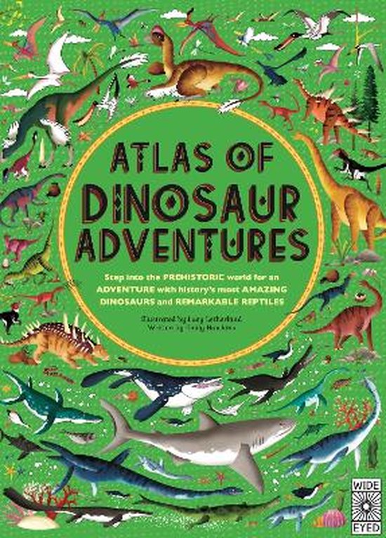 Atlas van Dinosaurus Avonturen. Een kleurrijke omslag met vele dinosaurussen en prehistorische reptielen in levendige kleuren. De titel is in grote groene letters.