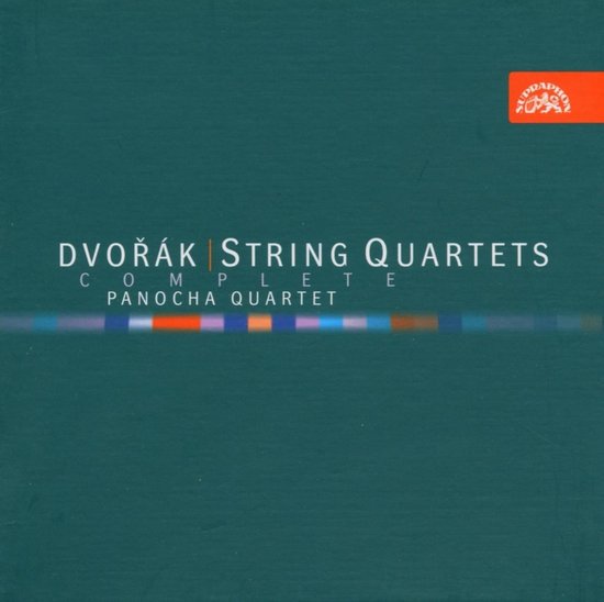 Albumhoes met de titel Dvořák String Quartets Complete, Panocha Quartet. De achtergrond is donkergroen met gekleurde strepen.