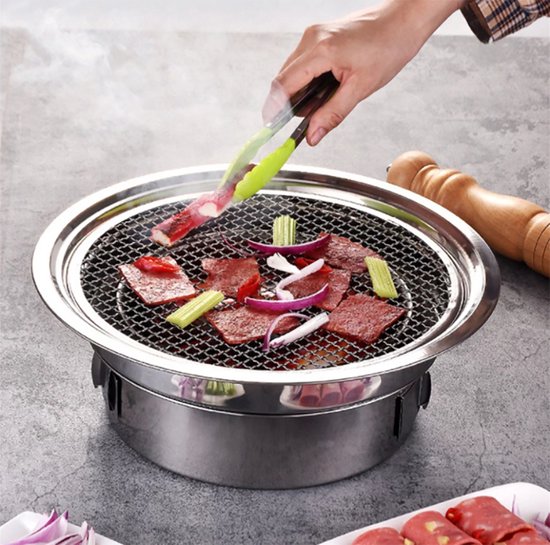 Barbecue Coréen Portable à Charbon De Bois - Acier Inoxydable, Anti-adhésif, 34 Cm - Pour Camping, Jardin