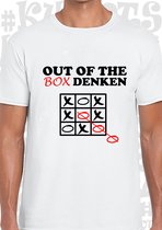 OUT OF THE BOX DENKEN heren t-shirt - Wit - Maat 3XL - korte mouwen - grappige teksten - leuke shirtjes - humor - quotes - kwoots - kado - cadeau - Anders denken dan anderen