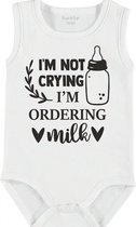 Baby Rompertje met tekst 'I'm not crying, i'm ordening milk' | mouwloos l | wit zwart | maat 50/56 | cadeau | Kraamcadeau | Kraamkado
