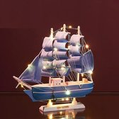 BaykaDecor - Luxe Vintage Zeilboot Confection met LED - Woondecoratie - Slaapkamer - Marine Kunst - Cadeau - Hout - Blauw - 30 cm