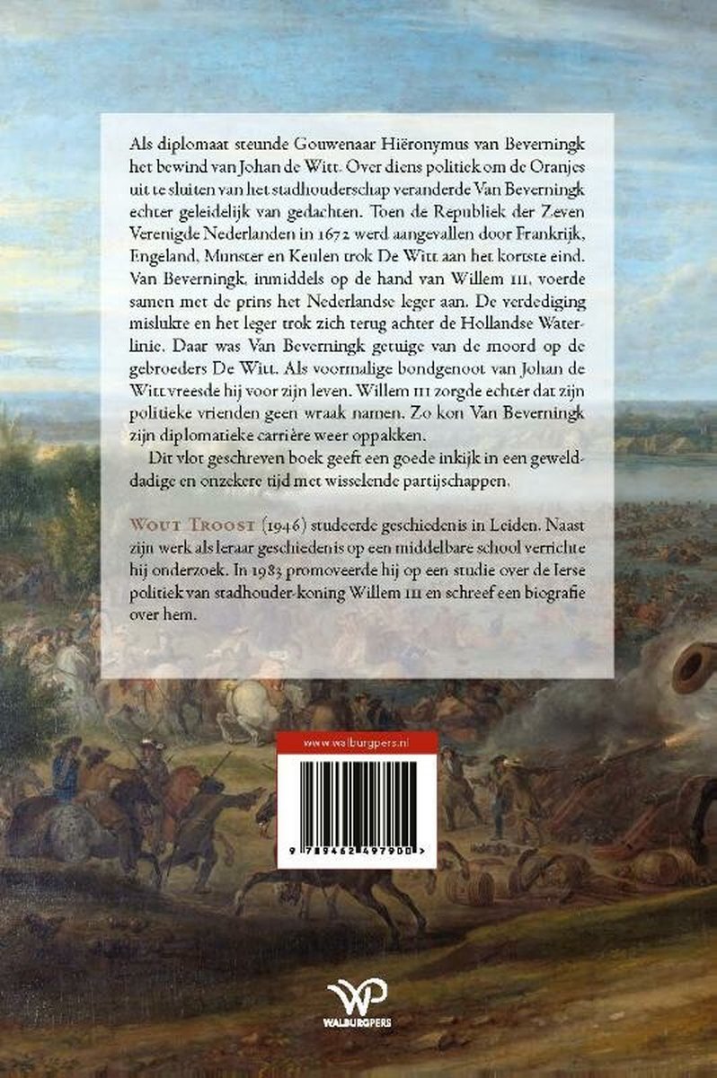 Boekomslag met de tekst 'Wout Troost Hiëronymus van Beverningk Tijdens het Rampjaar 1672'. Centraal een schildering van een veldslag.