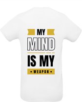 Huurdies Sportshirt | My mind is my weapon| maat m| Bedrukkingskleur goud| wit shirt