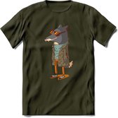 Casual vos T-Shirt Grappig | Dieren honden Kleding Kado Heren / Dames | Animal Skateboard Cadeau shirt - Leger Groen - XL
