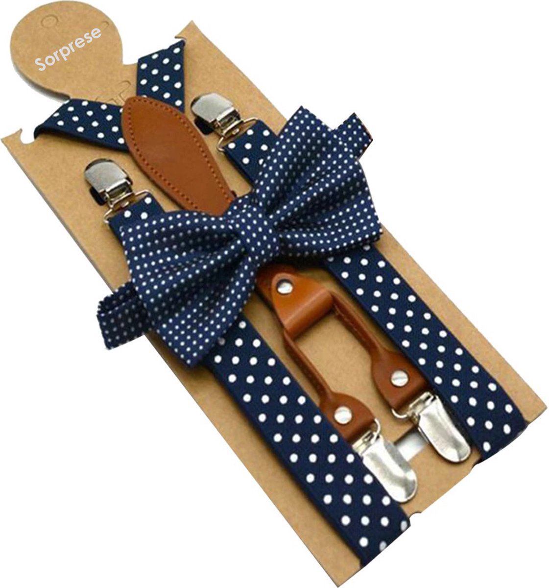 luxe chique – bretels inclusief vlinderdas – donkerblauw stip – bruin leer – 4 stevige clips – strik - Cadeau