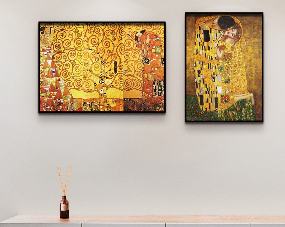 Esque Posterset 2 posters - Gustav Klimt - De Kus en Levensboom - Goud - 50x70 cm Exclusief lijst Goud, Geel
