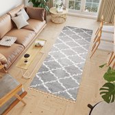 Tapiso Boho Loper Grijs Kwastjes Hoogpolig Trellis Modern Woonkamer Vloerkleed Maat- 80x300