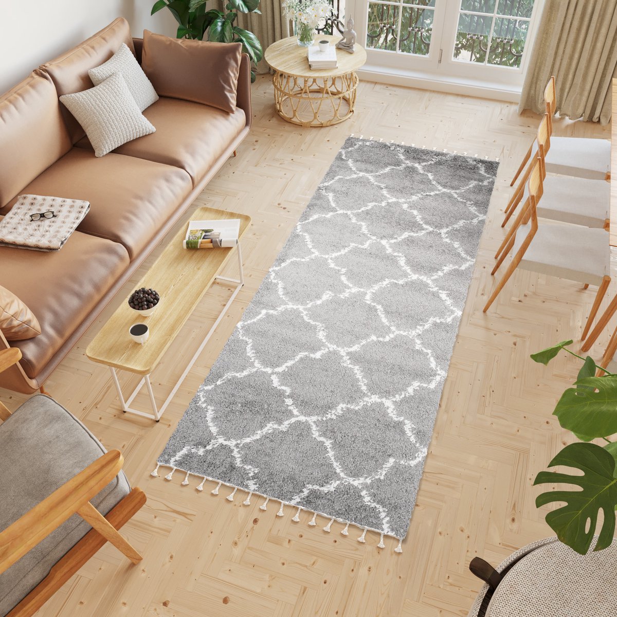 Tapiso Boho Loper Grijs Modern Trellis Kwastjes Hoogpolig Woonkamer Vloerkleed Maat- 100x400 Grijs Beige