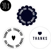 30x Sticker / Sluitsticker | THANK YOU / THANKS | zwart & wit | 3 verschillende designs | 35 mm