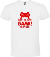 Wit t-shirt met tekst 'EAT SLEEP GAME REPEAT' print Rood size L