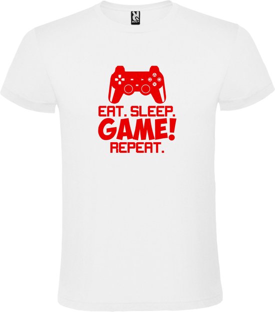 Wit t-shirt met tekst 'EAT SLEEP GAME REPEAT' print Rood size L