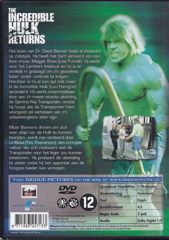 The Incredible Hulk (Lou Ferrigno) in groen, met mensen.