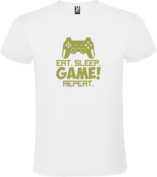 Wit t-shirt met tekst 'EAT SLEEP GAME REPEAT' print Goud  size M