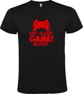 Zwart t-shirt met tekst 'EAT SLEEP GAME REPEAT' print Rood size XS