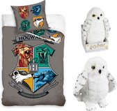 Harry Potter Zweinstein Color Logo- grijs Dekbedovertrek - Eenpersoons - 140x200 cm -katoen- Reversible- kussen 65x65cm, incl. Pluche Uil 28 cm- Hedwig