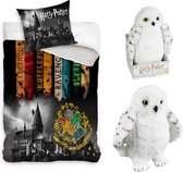 Harry Potter Dekbedovertrek- Katoen- 1persoons- 140x200- Dekbed Banners Hogwarts school, incl. Pluche knuffel Uil 28 cm