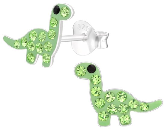 Joy|S - Zilveren dino oorbellen - groen met groen kristal - 10 x 8 mm - dinosaurus