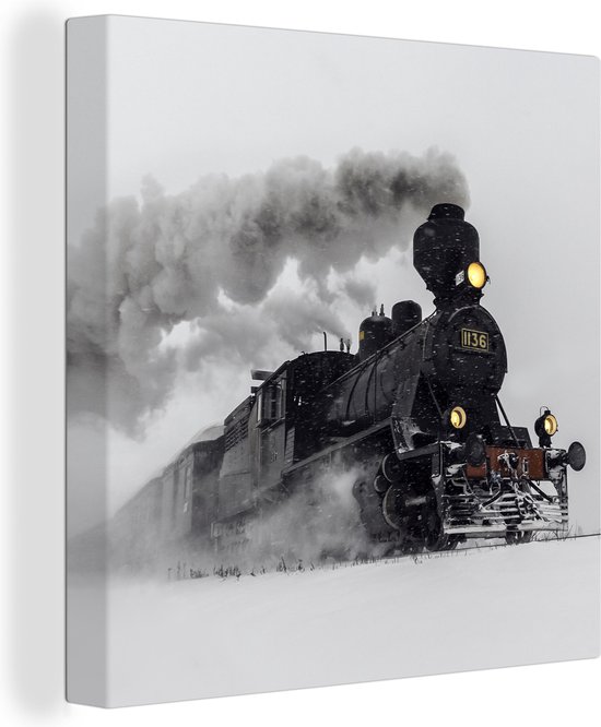 Tableau sur toile Locomotive à vapeur dans la neige - 50x50 cm - Décoration murale