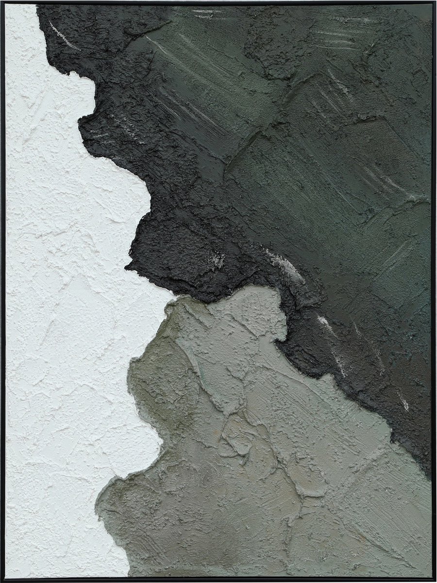 Fine Asianliving Olieverf Schilderij 100% Handgeschilderd 3D met Reliëf Effect en Zwarte Omlijsting 90x120cm Abstracte Kunst Zwart, Wit, Grijs