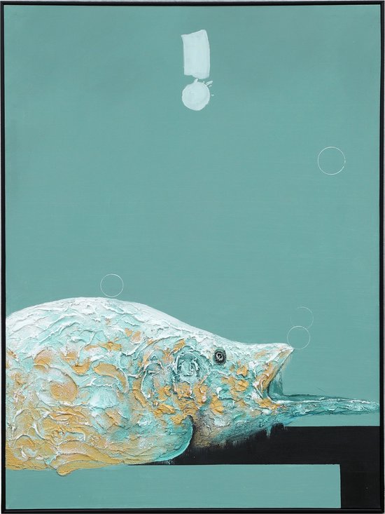 Fine Asianliving Olieverf Schilderij 100% Handgeschilderd 3D met Reliëf Effect en Zwarte Omlijsting 90x120cm Vissen Groen