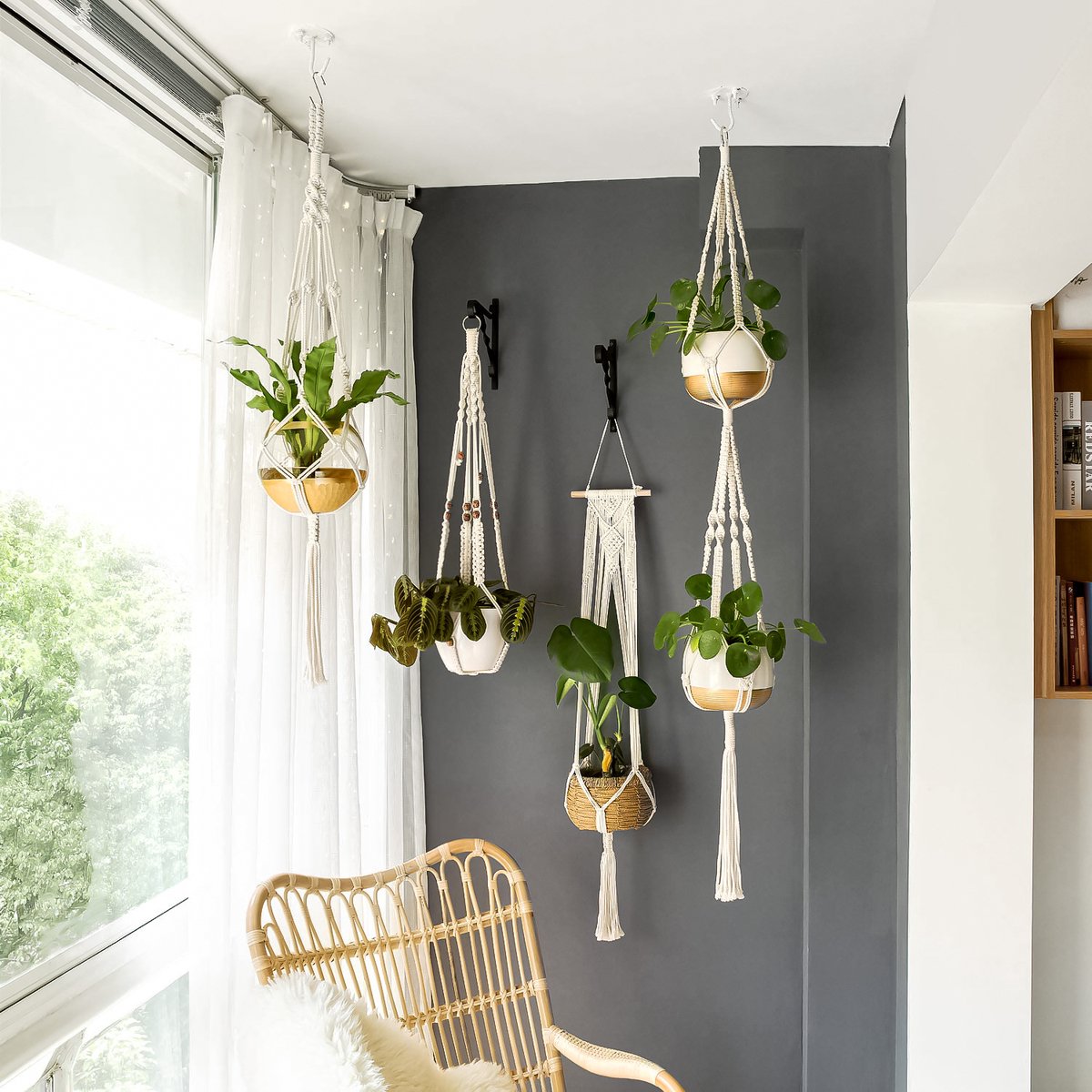 5-Delig Luxe Macramé Plantenhangers Set - Boho Handgeweven Katoen Hangpot voor Binnen/Buiten - Hangende Bloempot met Kralen - Plant Houder - Bohemian Wandhanger Decoratie - Tuin Hanger Bloempothouder Planthanger — afbeelding 4