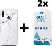 Backcover Marmerlook Hoesje Huawei P Smart (2019) Wit - 2x Gratis Screen Protector - Telefoonhoesje - Smartphonehoesje