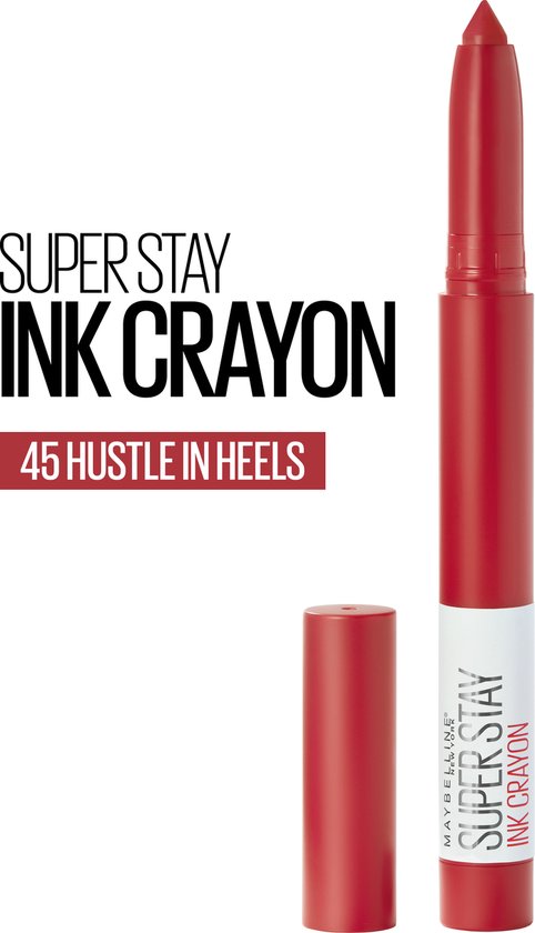 Rood "Super Stay Ink Crayon" potlood in de kleur 45 Hustle in Heels, met dop ernaast.