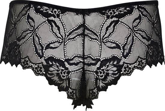 Zwarte kanten boxershort met bloemenpatroon en kanten rand.