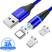 VinkToys® 3 in 1 Magnetische Oplaadkabel - 2 meter oplaadkabel geschikt voor Type-C  - Magnetische oplaadkabel - magnetische oplaadkabel geschikt voor Apple Lightning/Samsung/LG/HTC/Xiaomi - blauwe LED verlichting - 360 graden draaibaar