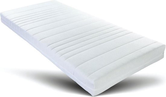 Wit koudschuim matras met horizontale stiksels, schuin gefotografeerd.