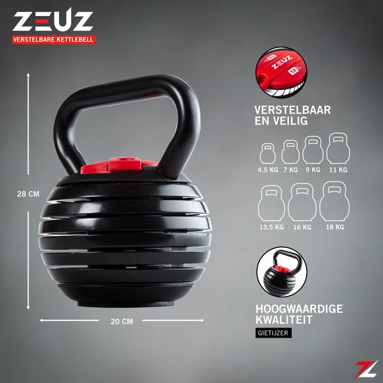 ZEUZ Verstelbare Kettlebell tot 18 KG – Fitness Sport Set – Conditie & Krachttraining – Halters - Gietijzer - ZEUZ