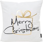 Kerst 'Christmas Gift' Kussenhoes | Katoen/Polyester | 45 x 45 cm | Wit / Goud