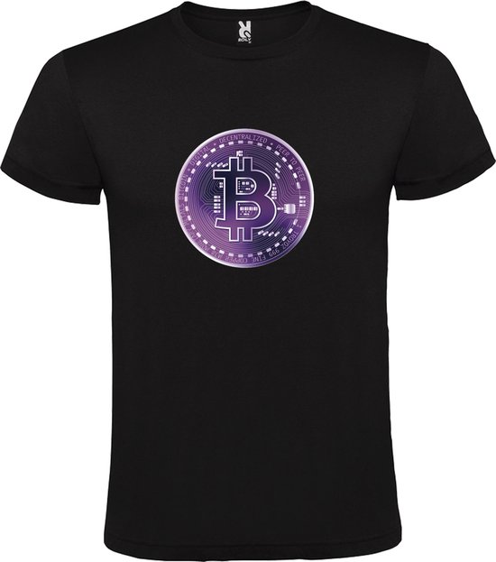 Zwart t-shirt met groot 'BitCoin print' in Paarse tinten size 4XL