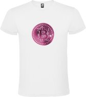 Wit t-shirt met groot 'BitCoin print' in Roze tinten size S