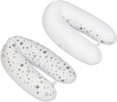 Coussin d'allaitement - Coussin de grossesse - 100% coton - avec ficelles - 145 cm - étoiles blanches / grises sur blanc - blanc
