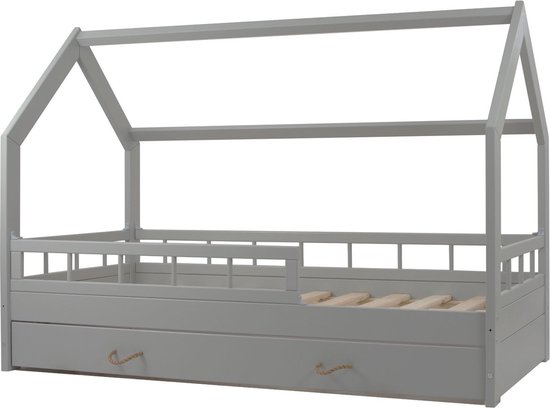 Lit enfant en bois Massief - style scandinave - lit cabane - 160x80cm - avec barrières - gris