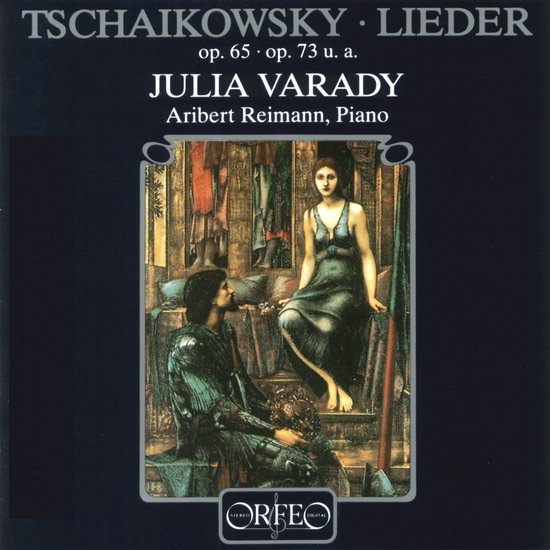 CD-hoes met een schilderij van een man in harnas die een vrouw met een donkere jurk in een kleedkamer benadert. Titel Tschaikowsky: Lieder, op. 65, op. 73 u.a. Namen Julia Varady en Aribert Reimann.
