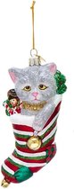 Kurt S. Adler Kerstornament - Grijze kat in kerstsok - glas - grijs rood - 13cm
