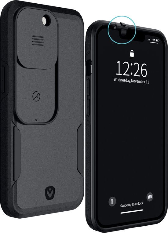 Valenta x Spy-Fy®: iPhone 13 Pro Max Hoesje met Camera Covers aan Voor- én Achterkant | Beschermt je Privacy en je Camera’s | Mat Zwart Case