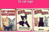 Kattenhebbedingen - 3x wandbord - 3x cat sign - 3x Katten tekstbord - pas op - cat lovers
