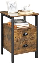 Nachtkastje, nachtcommode, bijzettafel, nachtkastje met laden en plank, rustieke houtlook, accentmeubels, metalen poten, stabiel, industrieel design