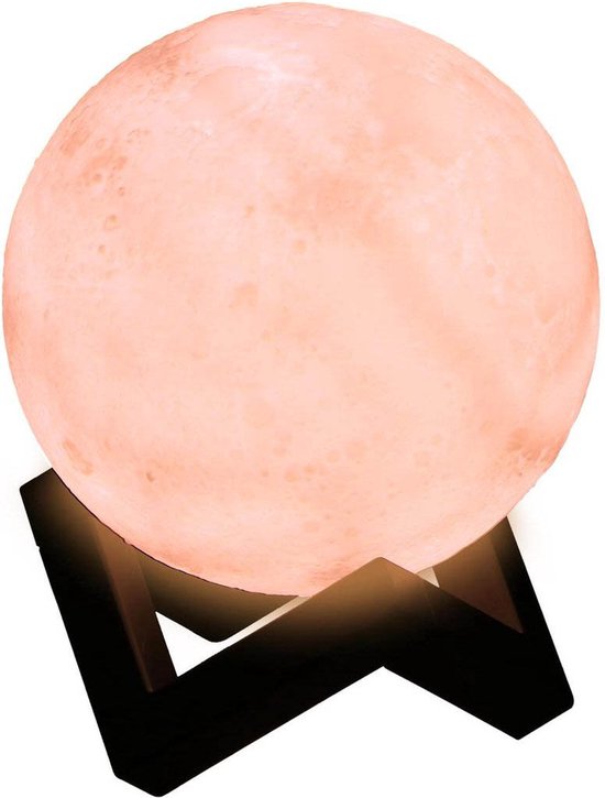 Grundig Maanlamp 3D Tafellamp - op Houten Standaard - Multicolor - 3 kleuren - 15 CM