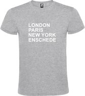 Grijs t-shirt met " London, Paris , New York, Enschede " print Wit size L