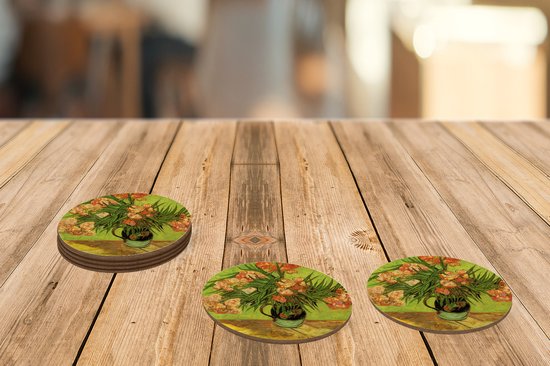 Sous-verres pour verres - Ronds - Vase nature morte avec lauriers roses et livres - Peinture de Vincent van Gogh - 10x10 cm - Sous-verres en verre - 6 pièces