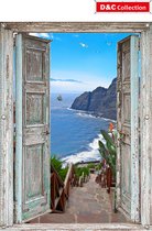 D&C Collection - tuinposter - 95x130 cm - doorkijk -  Openslaande deuren - luxe uitvoering - Stenen trap naar zee en bloemen - tuindecoratie - tuindoek -  tuinposters buiten - schu